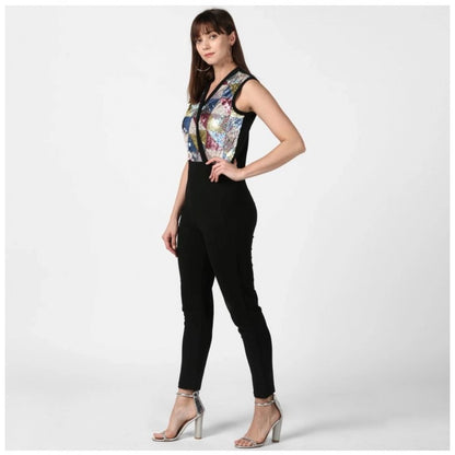 Women's Polyester Embellished Sleeveless Jumpsuit (Black)