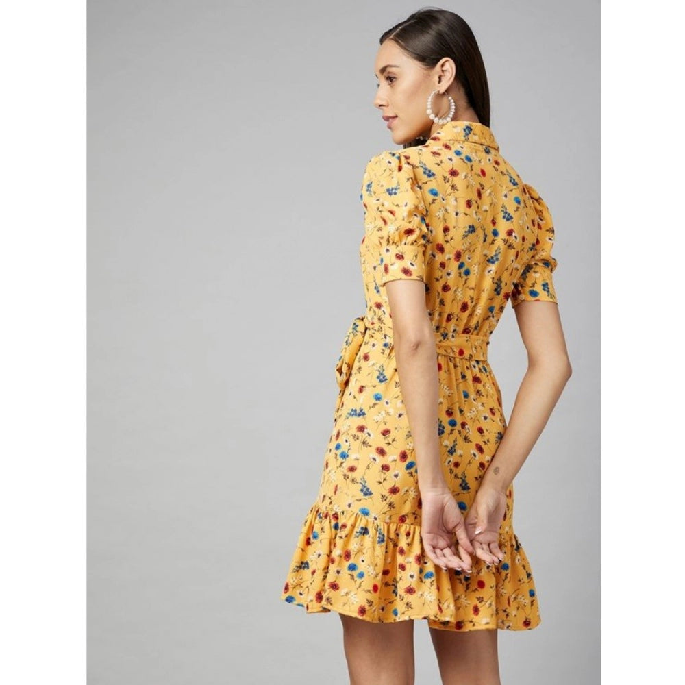 Women's Polyester Floral Short Sleeve Above Knee Dress (Yellow)