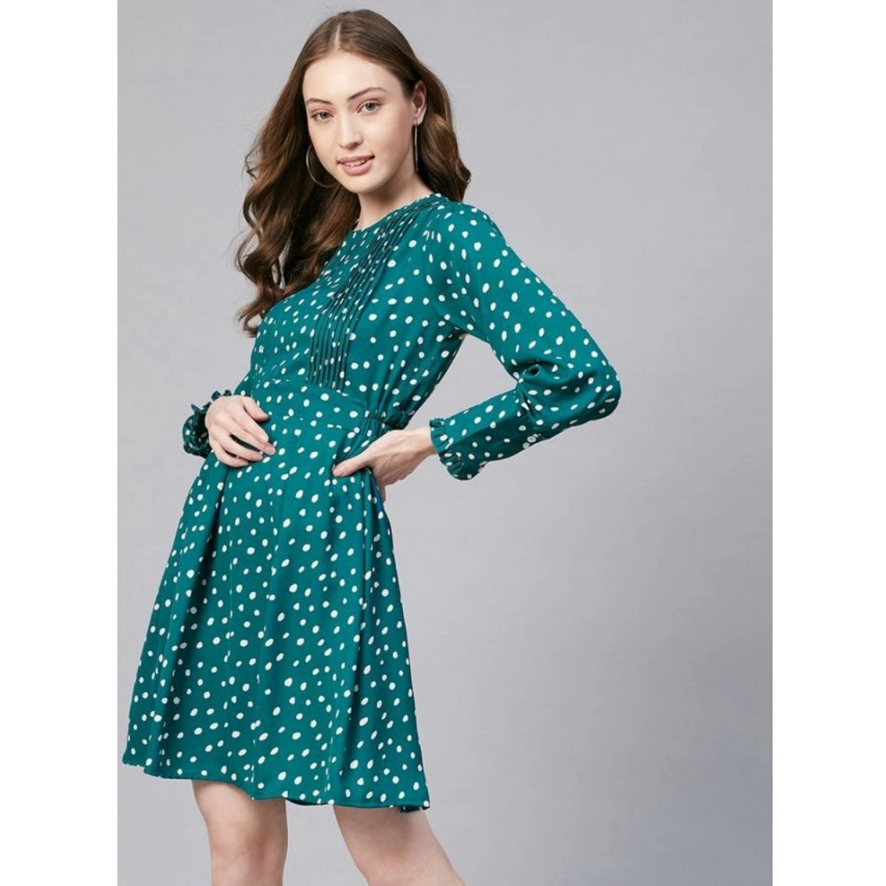 Women's Polyester Polka Long Sleeves Above Knee Dress (Green - White)