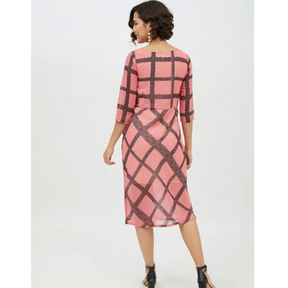 Women's Polyester Checkered 3-4th Sleeves Below Knee Dress (Pink)