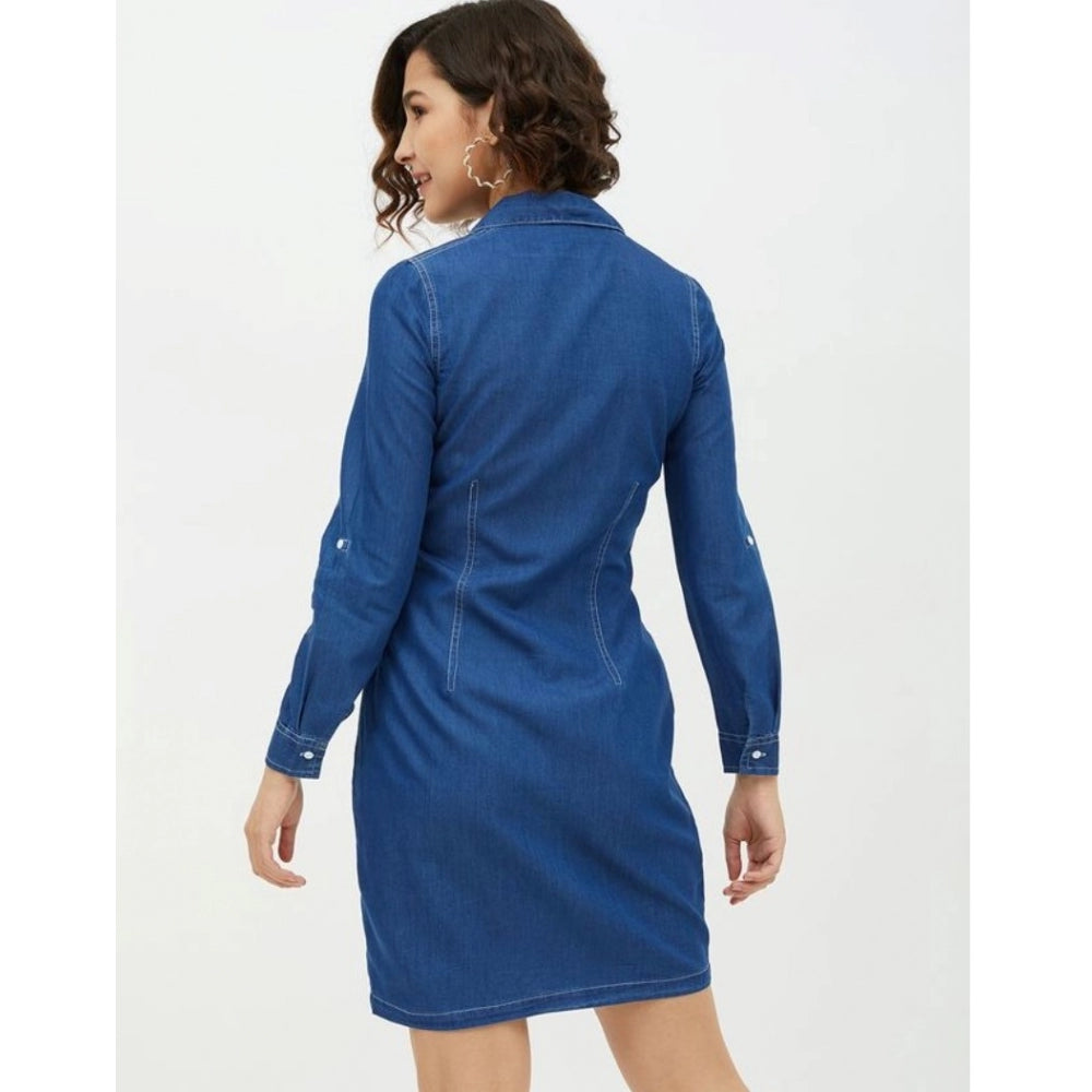 Women's Denim Solid Long Sleeves Above Knee Dress (Blue)