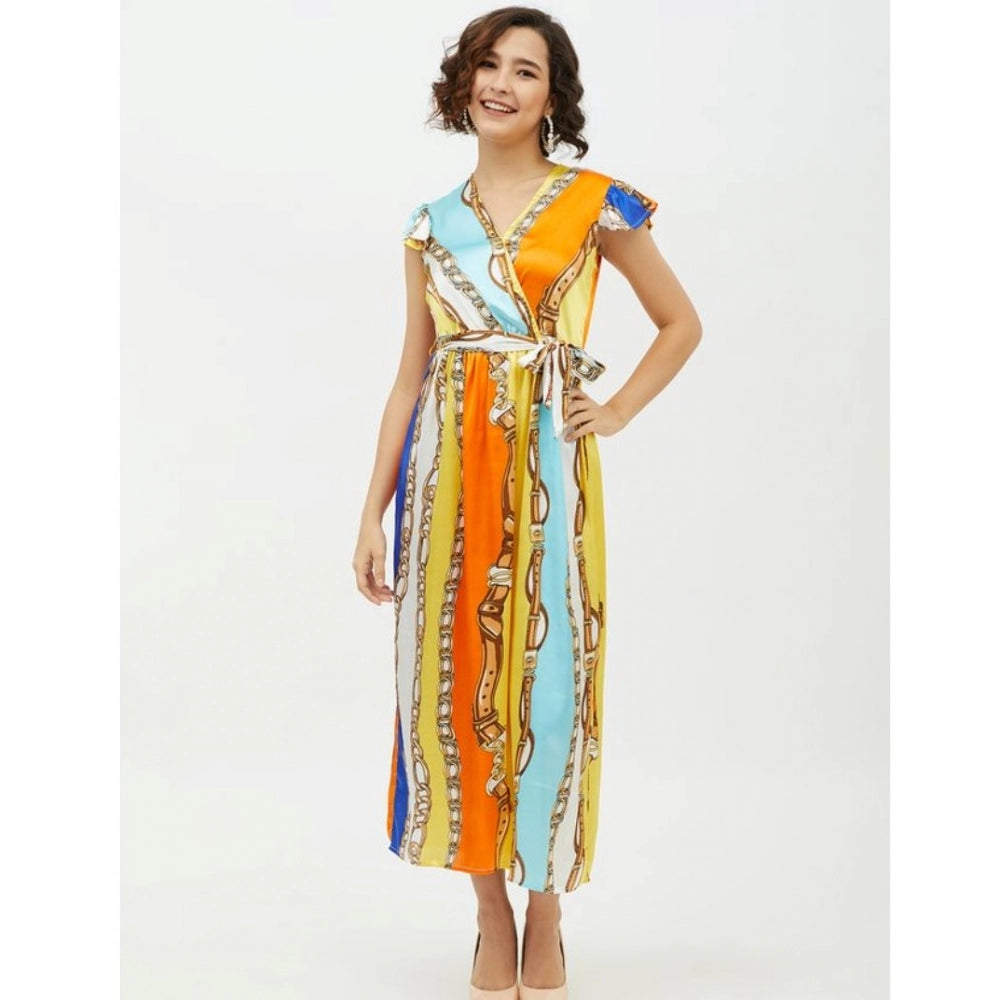 Women's Satin Chain Print Cap Sleeve Calf-length Dress (Multicolor)