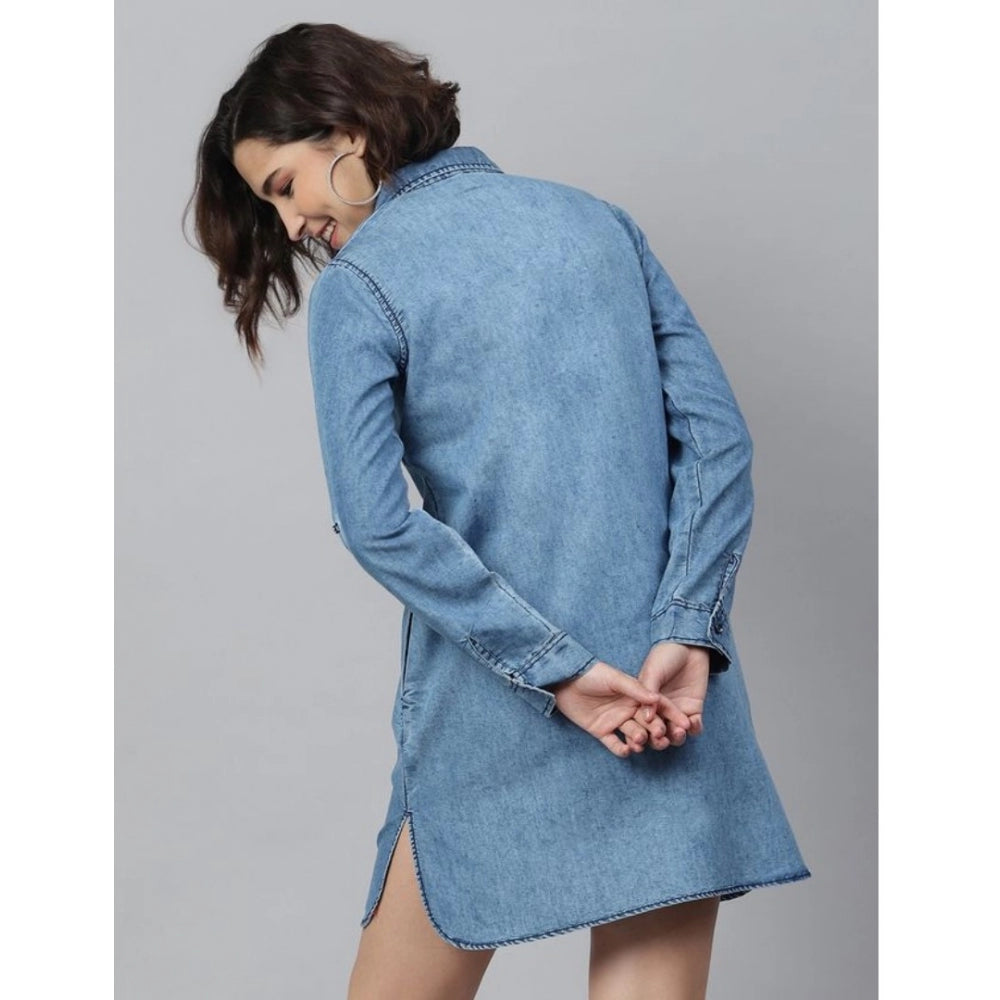 Women's Denim Solid Long Sleeves Above Knee Dress (Ice Blue)