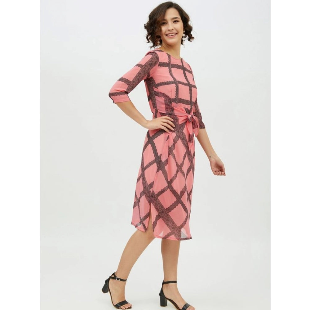 Women's Polyester Checkered 3-4th Sleeves Below Knee Dress (Pink)