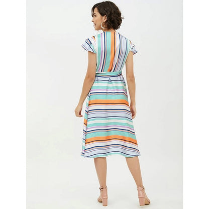 Women's Satin Striped Short Sleeve Knee-Length Dress (Multicolor)
