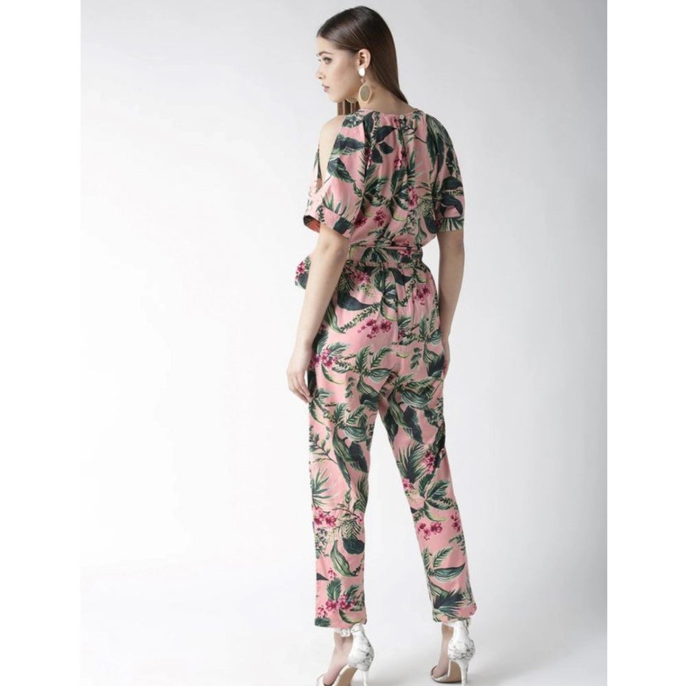Women's Polyester Floral Half Sleeve Jumpsuit (Pink)