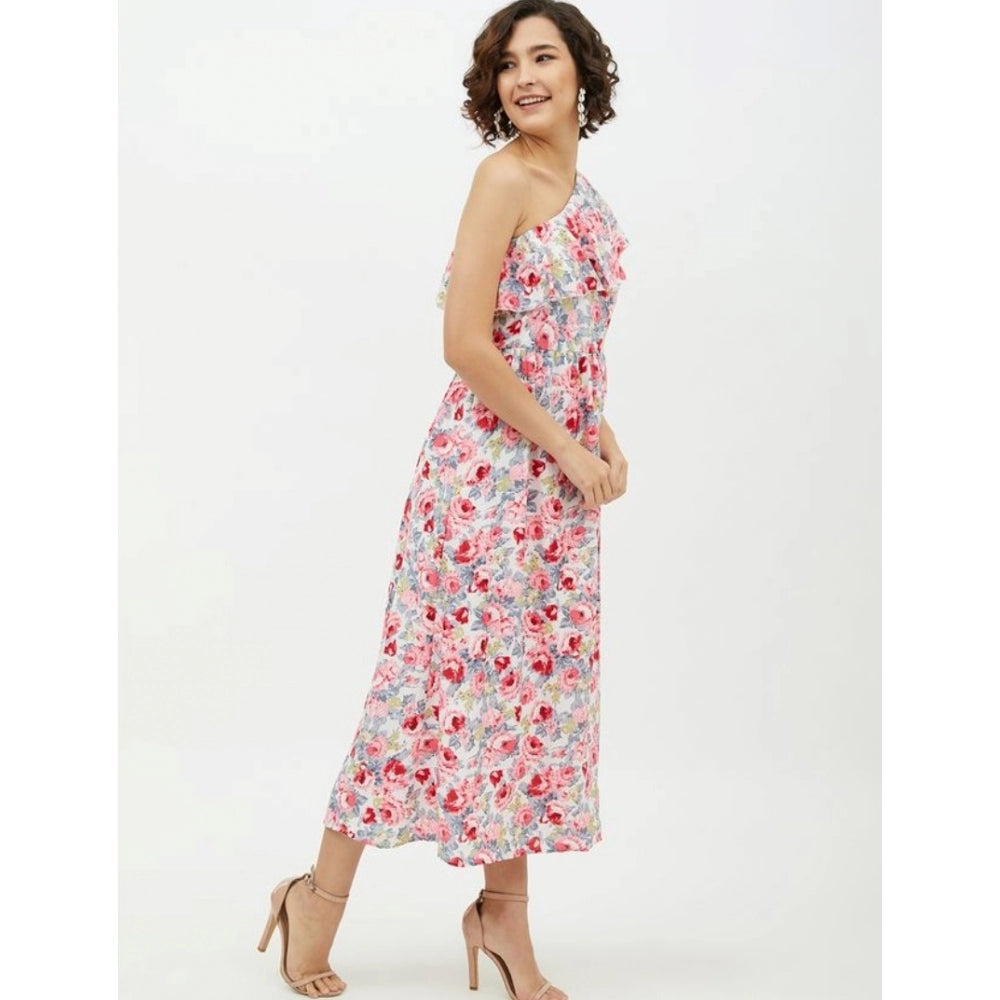 Women's Polyester Floral One Shoulder Calf-length Dress (Multicolor)