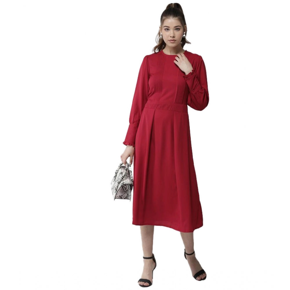 Women's Polyester Pintuck Long Sleeves Below Knee Dress (Red)