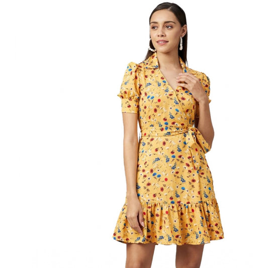 Women's Polyester Floral Short Sleeve Above Knee Dress (Yellow)