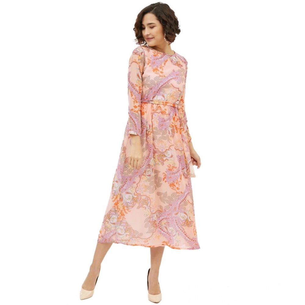 Women's Polyester Printed Long Sleeves Calf-length Dress (Multicolor)