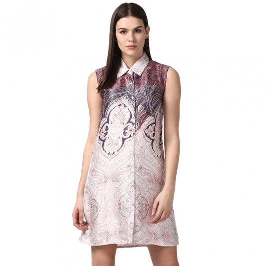 Women's Polyester Printed Sleeveless Above Knee Dress (Orange)
