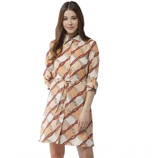 Women's Polyester Printed Roll Up Sleeve Above Knee Dress (Off White - Brown)