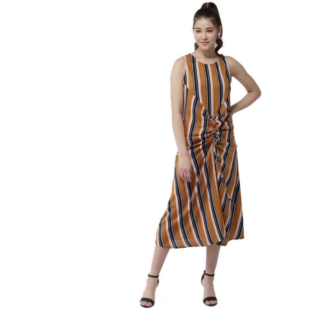 Women's Polyester Striped Sleeveless Below Knee Dress (Mustard)