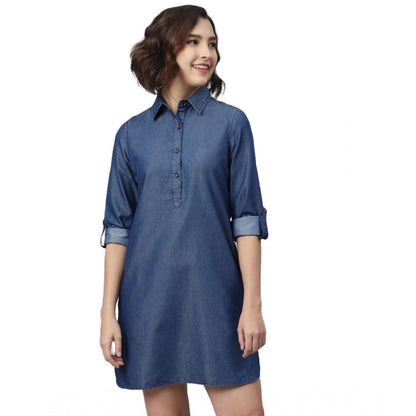 Women's Denim Solid Long Sleeves Above Knee Dress (Navy Blue)
