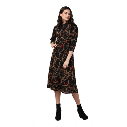 Women's Polyester Chain Print Roll Up Sleeve Below Knee Dress (Black - Yellow)