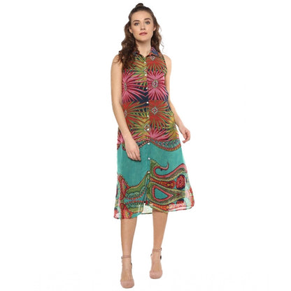 Women's Polyester Floral Sleeveless Below Knee Dress (Multicolor)