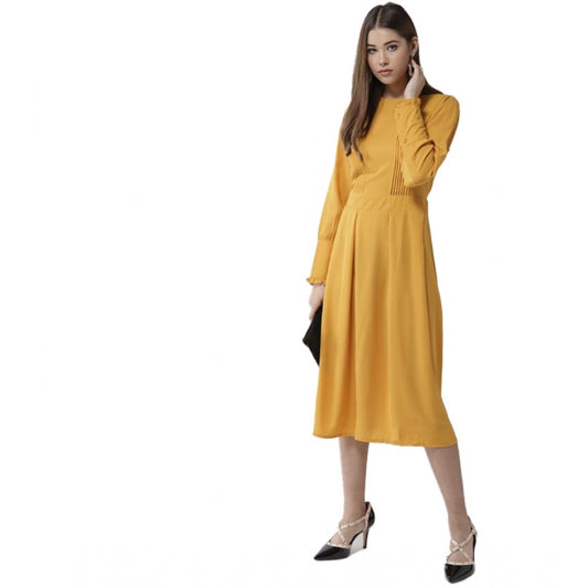 Women's Polyester Pintuck Long Sleeves Below Knee Dress (Yellow)