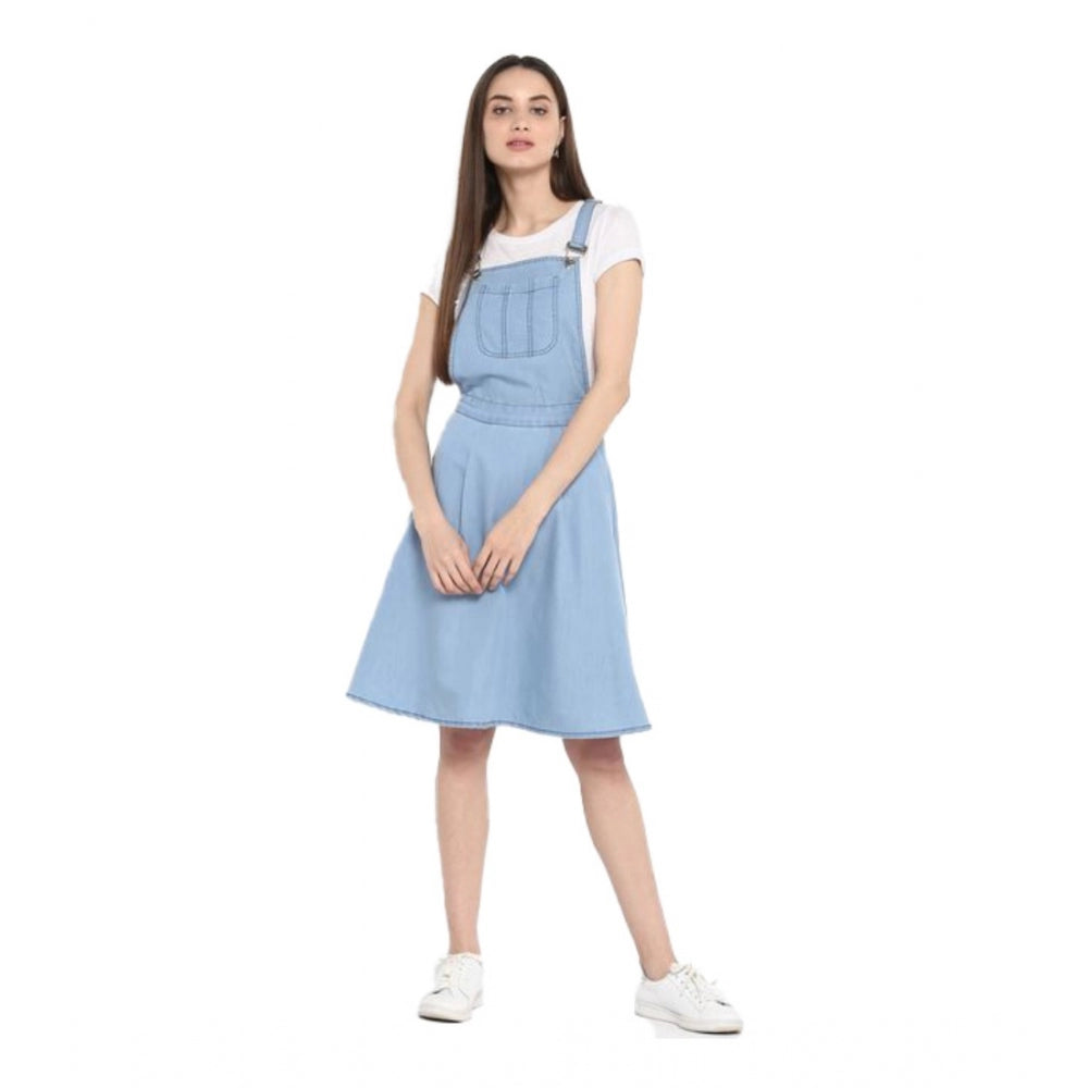 Women's Denim Solid Sleeveless Above Knee Dress (Blue)