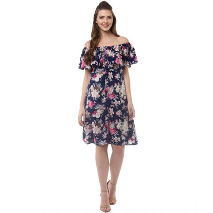 Women's Polyester Crepe Floral Half Sleeve Above Knee Dress (Navy Blue)