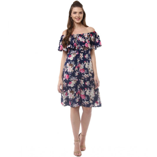 Women's Polyester Crepe Floral Half Sleeve Above Knee Dress (Navy Blue)