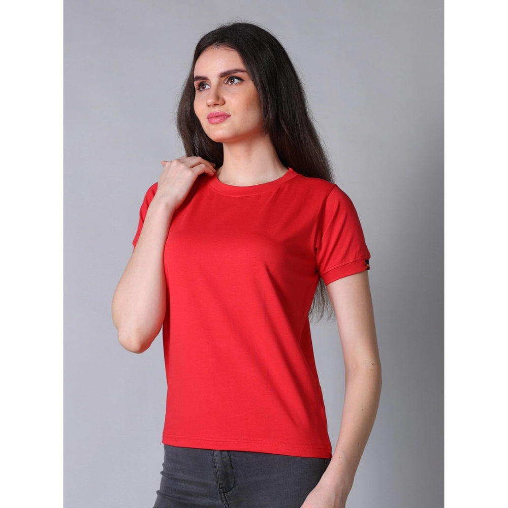 Women's Cotton Blended Solid Round Neck Half Sleeve T-Shirt (Red)