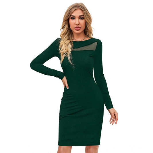 Women's Knitting stretchable Solid Round Neck Full Sleeve Dress (Green )
