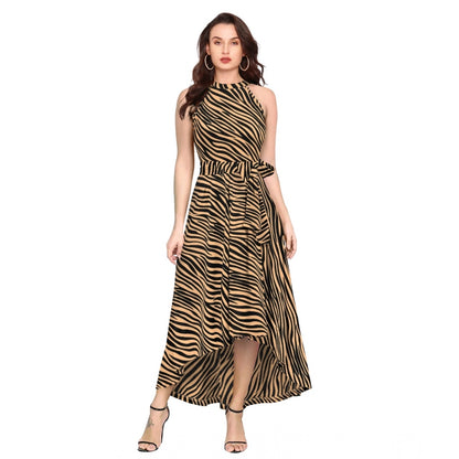 Women's Polyester Zebra Pattern Halter Neck Sleeveless Dress (Yellow)