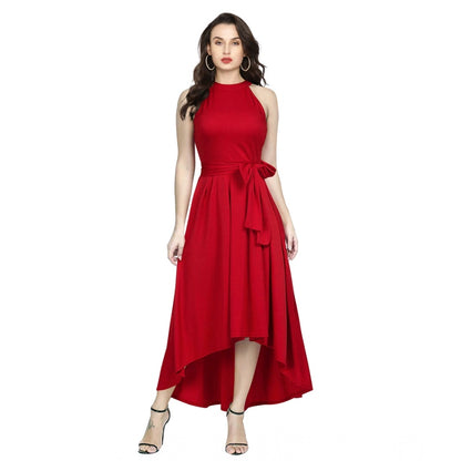 Women's Polyster Solid Halter Neck Sleeveless Dress (Red)