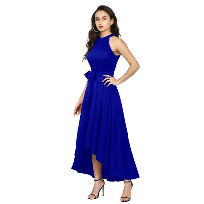 Women's Polyster Solid Halter Neck Sleeveless Dress (Royal Blue)