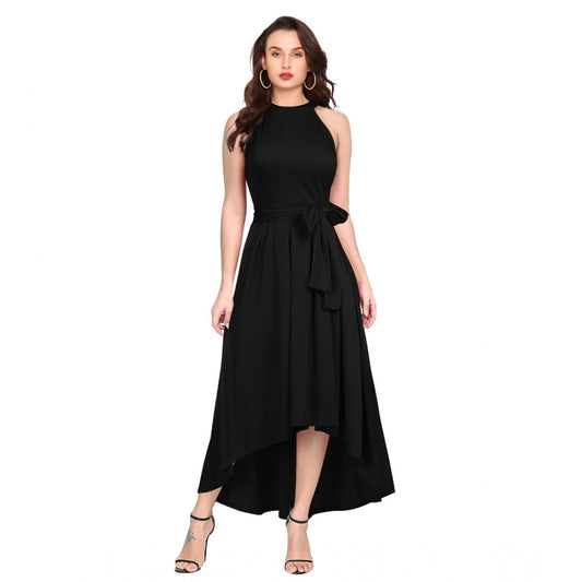 Women's Polyster Solid Halter Neck Sleeveless Dress (Black)
