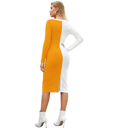 Women's Knitting stretchable Solid Round Neck Full Sleeve Dress (Yellow)