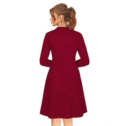 Women's Knitting stretchable Solid Round Neck Full Sleeve Dress (Maroon)