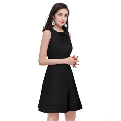 Women's Polyester Solid Round Neck Sleeveless Dress (Black)