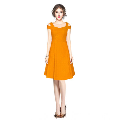 Women's Polyester Solid V Neck Cap Sleeve off Shoulder Dress (Yellow)