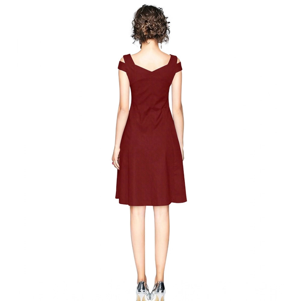 Women's Polyester Solid V Neck Cap Sleeve off Shoulder Dress (Maroon)