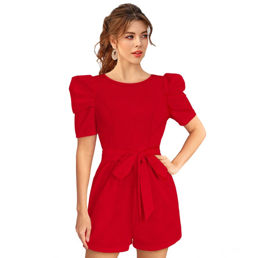 Women's Knitting stretchable Solid Round Neck 3-4 Puff Sleeve Dress (Red )