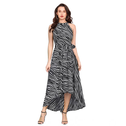 Women's Polyester Zebra Pattern Halter Neck Sleeveless Dress (Navy Blue)
