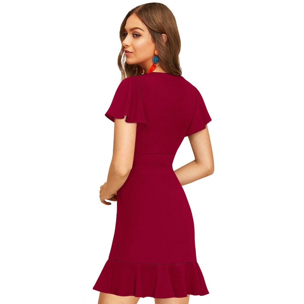 Women's Knitting stretchable Solid V Neck Flaired Sleeve Dress (Maroon )