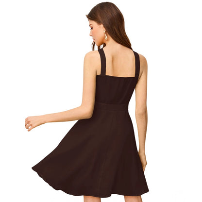 Women's Knitting stretchable Solid Halter Neck Sleeveless Dress (Coffee)