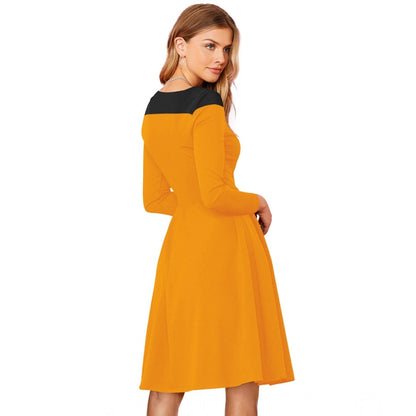 Women's Knitting stretchable Solid Round Neck Full Sleeve Dress (Yellow)