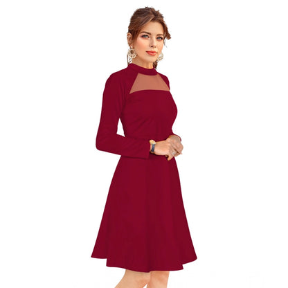 Women's Knitting stretchable Solid Round Neck Full Sleeve Dress (Maroon)
