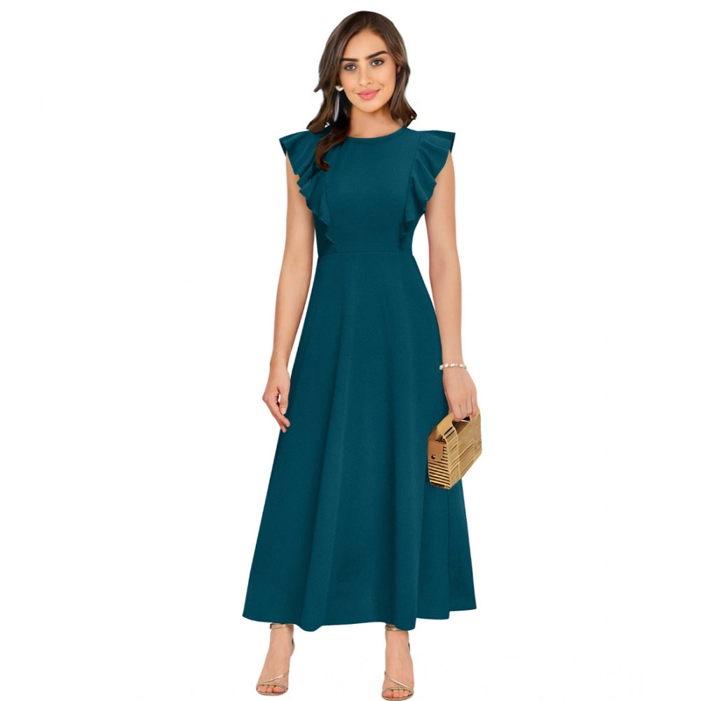 Women's Knitting stretchable Solid Round Neck Ruffled Sleeve Dress (Morpich)