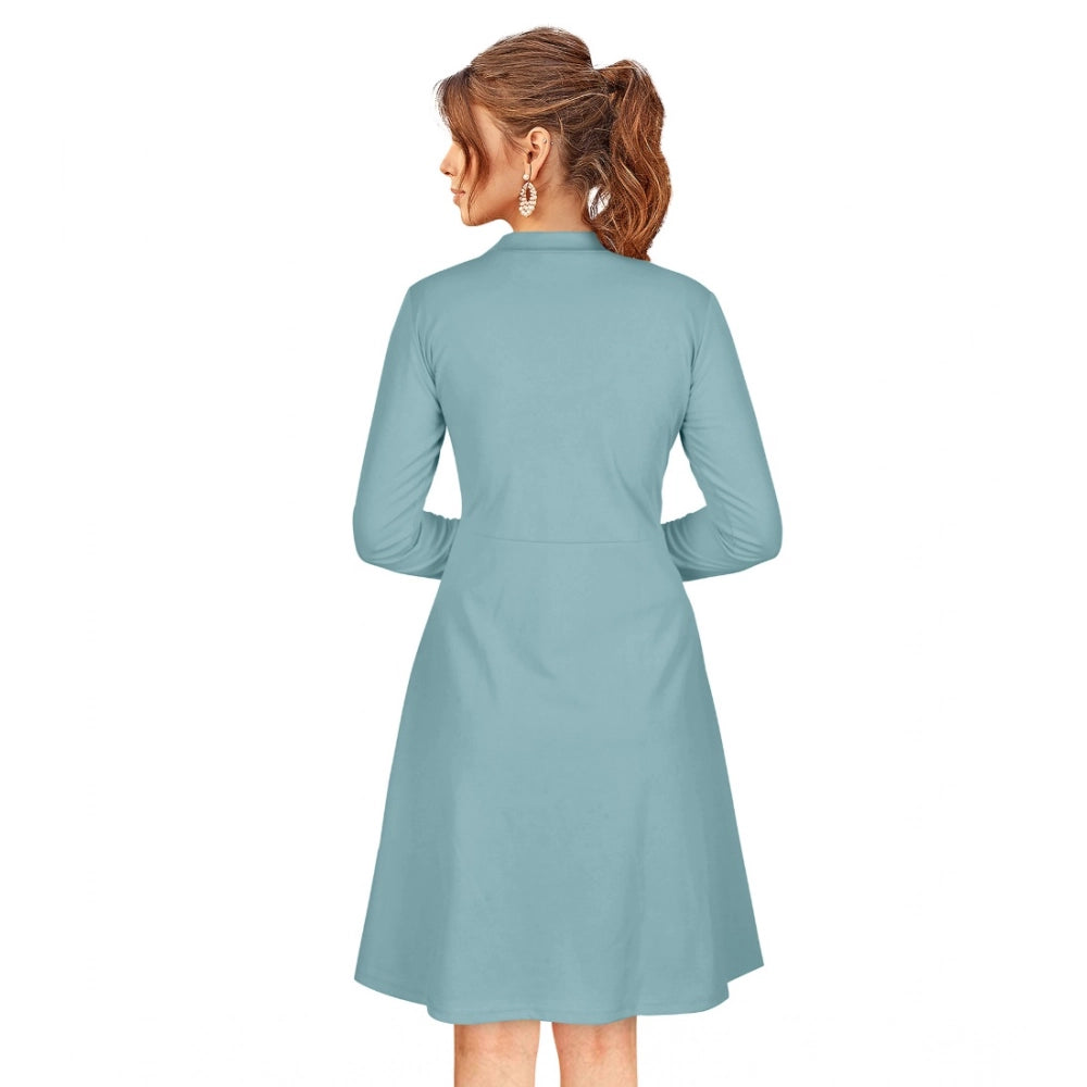 Women's Knitting stretchable Solid Round Neck Full Sleeve Dress (Pista)