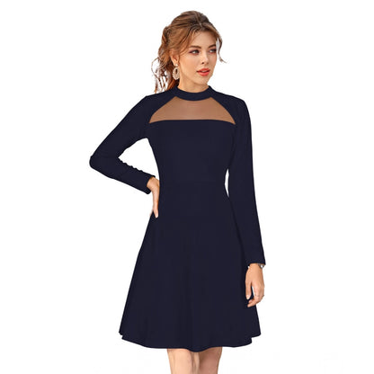 Women's Knitting stretchable Solid Round Neck Full Sleeve Dress (Blue)