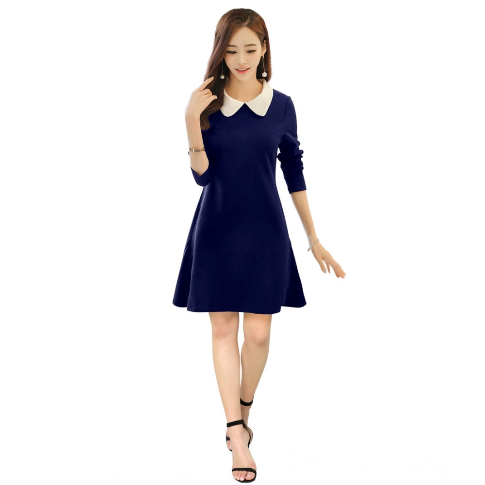 Women's Polyester Solid Collar 3-4th Dress (Blue)