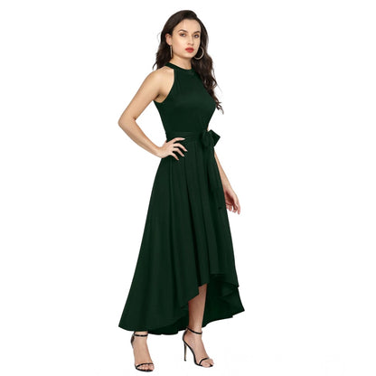Women's Polyster Solid Halter Neck Sleeveless Dress (Green)