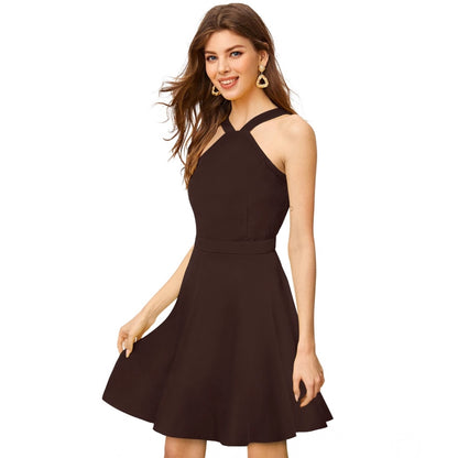 Women's Knitting stretchable Solid Halter Neck Sleeveless Dress (Coffee)