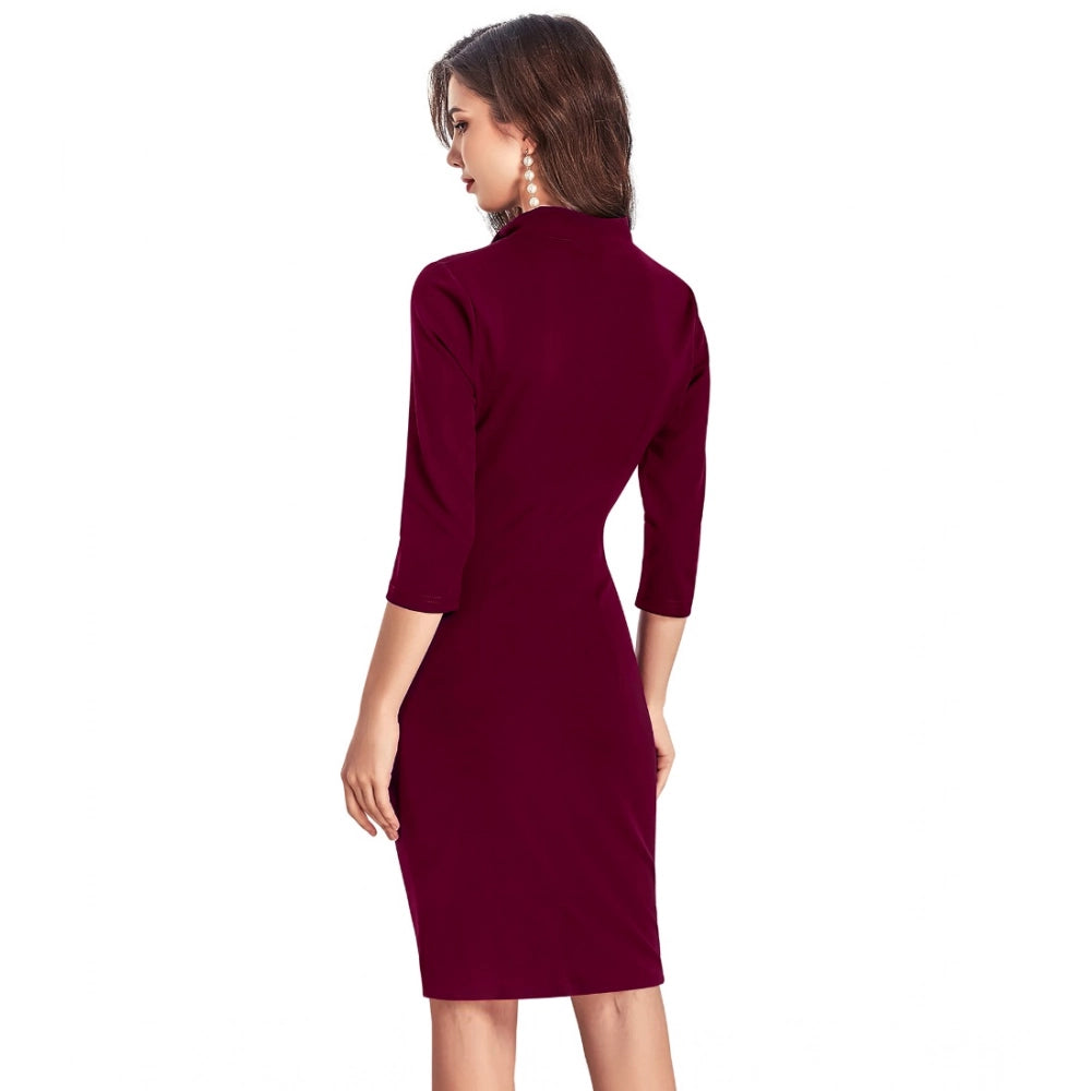 Women's Knitting stretchable Solid Round Neck 3-4th Dress (Maroon)