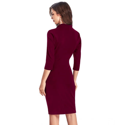 Women's Knitting stretchable Solid Round Neck 3-4th Dress (Maroon)