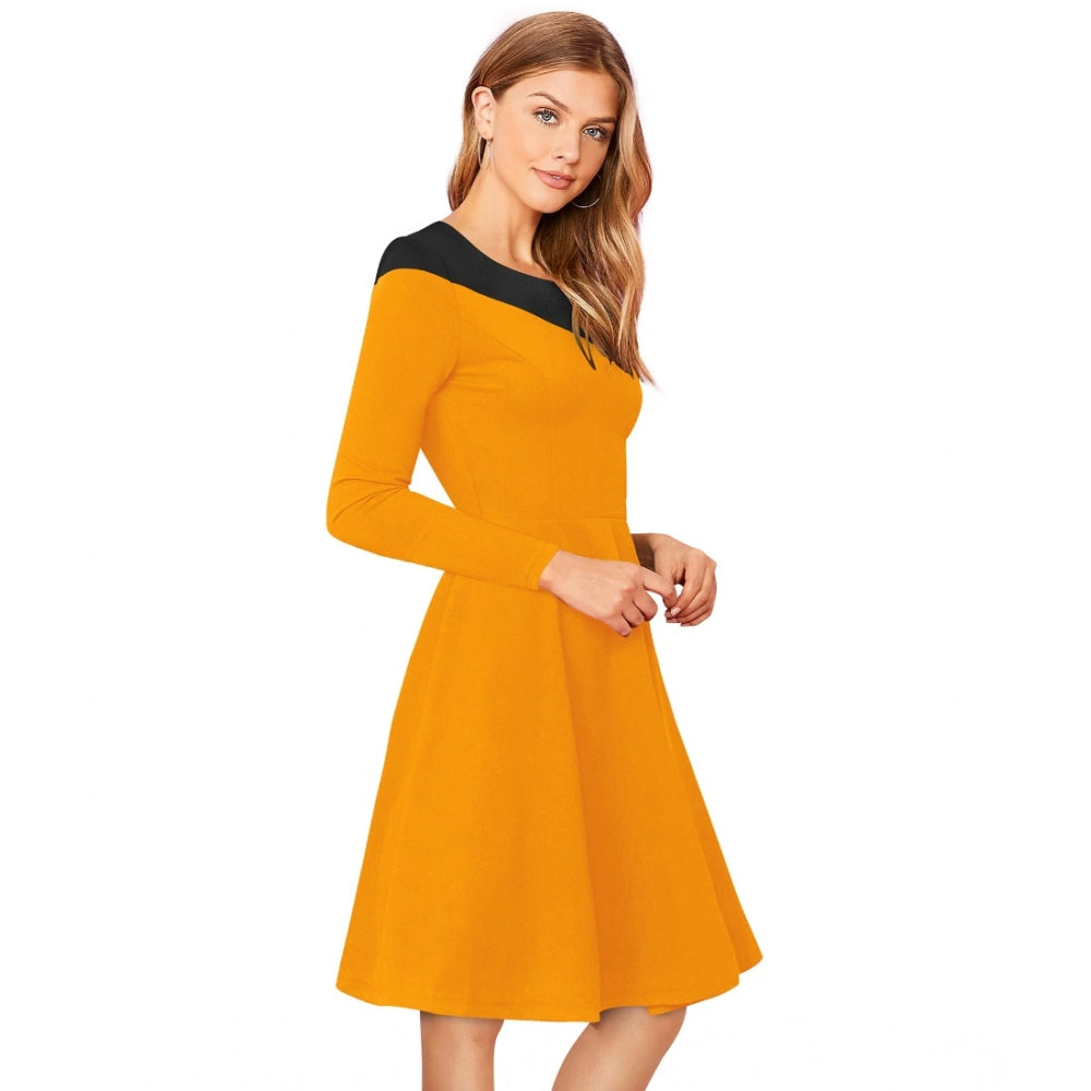Women's Knitting stretchable Solid Round Neck Full Sleeve Dress (Yellow)